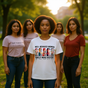 Camiseta informal de algodón para mujer con estampado empoderador y cuello redondo de manga corta con la frase: "Las mujeres bien educadas raramente hacen historia" - Product Image 2