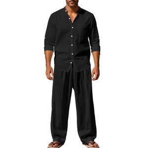 PASUXI Completi Estivi Traspiranti in <span class=keywords><strong>Lino</strong></span> per <span class=keywords><strong>Uomo</strong></span>, Camicie a Maniche Lunghe con Bottoni e Pantaloni Abbinati, Completi Casual - Product Image 2