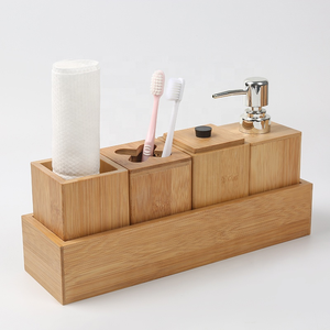 5 Pieces Bamboo Bathroom Accessories Organization Set with Towel Tray Toothbrush Holder Storage Box Bamboo Lotion Bottle
