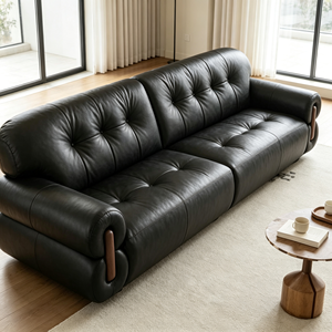 Sofá Chesterfield Moderno de Cuero Genuino Negro con Diseño Acolchado, Brazos Enrollados y Patas de Madera para Sala de Estar - Product Image 3