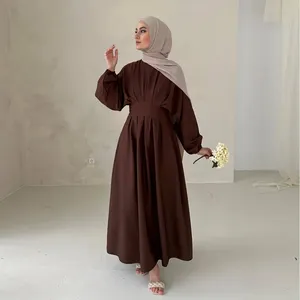 2024 desain terbaru gaun wanita Muslim rendah kustom leher kru lengan lentera Solid Dubai Turki gaun Abaya berlipat Batwing