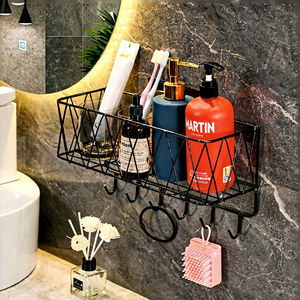 KS Bathroom Corner Wall <b>Shelf</b> Metal Mesh Storage Rack with <b>Hooks</b> Durable for Toothbrush Shampoo Soap Organizer Mounted - Product Image 3
