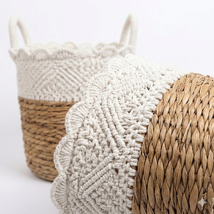Boho Macrame Cotton Rope Storage Basket Natural Water Hyacinth Woven Laundry <b>Hamper</b> With Handles For Bedroom Home Decoration - Product Image 3