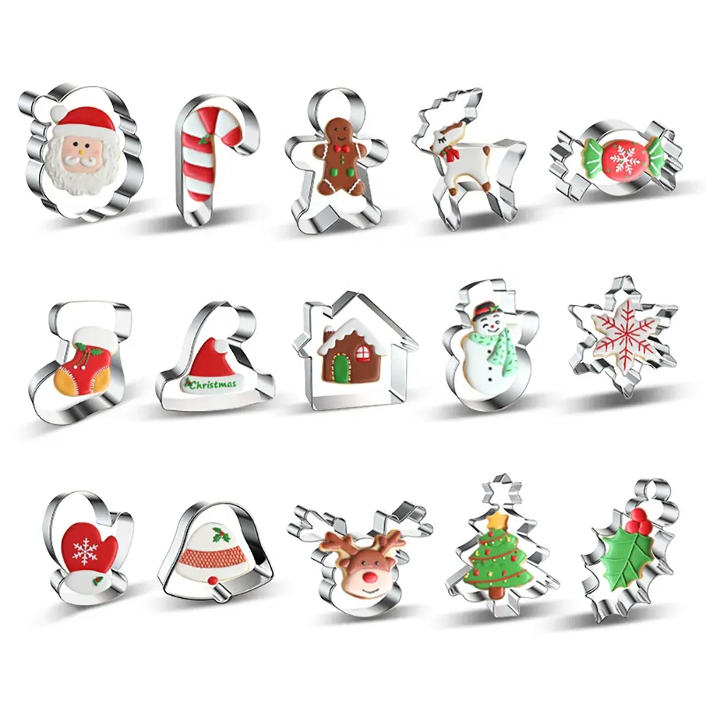 Stainless Steel Santa Crutch Gingerbread Man Bell Snowflake Cartoon Shape Fondant Biscuit Cookie Cutter Cutters Molds Christmas