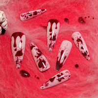 Faux ongles autocollants Halloween, motif toile d'araignée rouge et noire, style French manucure, forme stiletto, en acrylique