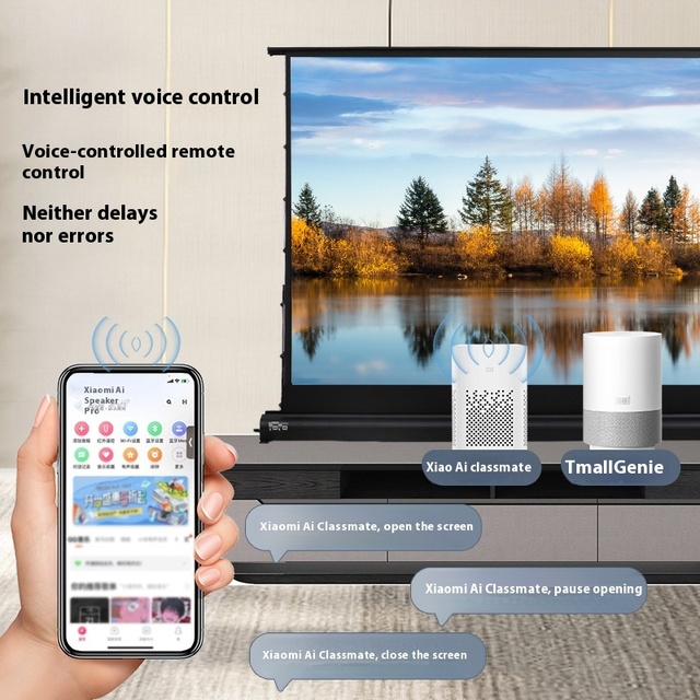 Portable Intelligent Voice Control Electric Floor-Lift Cable Projector 3D 16:9 Matt White Household Installation-Free Punch