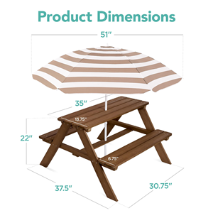 Table de pique-nique pliable en bois pour enfants avec sièges intégrés et parapluie réglable pour activités de plein air, repas, école, hôtel - Product Image 2