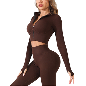 Ensemble de sport d'hiver pour femmes, leggings de yoga taille haute qui remontent les fesses, haut de yoga à col en V à manches longues, taille élastique, uni - Product Image 4
