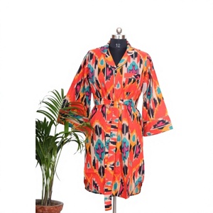 Indian Women's Clothing Knee-Length Kimono Shirt Stylish Cotton Dress Sleepwear Tie Belt Button Decoration Simple Eco-Friendly - Product Image 1