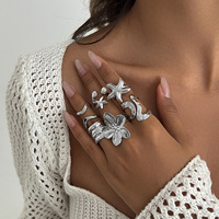 Set Cincin Alloy Desain Unik Gaya Pantai Warna Emas Bunga Bintang Laut Mutiara untuk Wanita Terlaris
