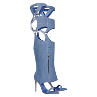 Bottines de soirée à talons aiguilles en denim pour femmes, à lanières, au-dessus du genou, avec découpes