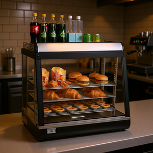 Espositore Riscaldato per Alimenti a 3 Ripiani, 75L, 1200W, con Luce LED, Riscaldamento a Vapore, Ripiani Regolabili, Modello Rettangolare Nero - Product Image 2