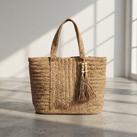 Sac fourre-tout décontracté en paille de coton tressée couleur camel avec fermoirs en polyester, couleur unie, pour femme, idéal pour le shopping et les voyages
