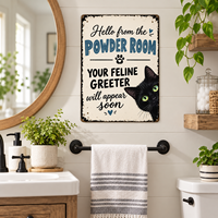 Plaque murale rectangulaire en métal amusante pour salle de bain, motif chat, à suspendre, cadeau pour femmes et hommes, décoration murale « Bienvenue dans la salle de bain » -2
