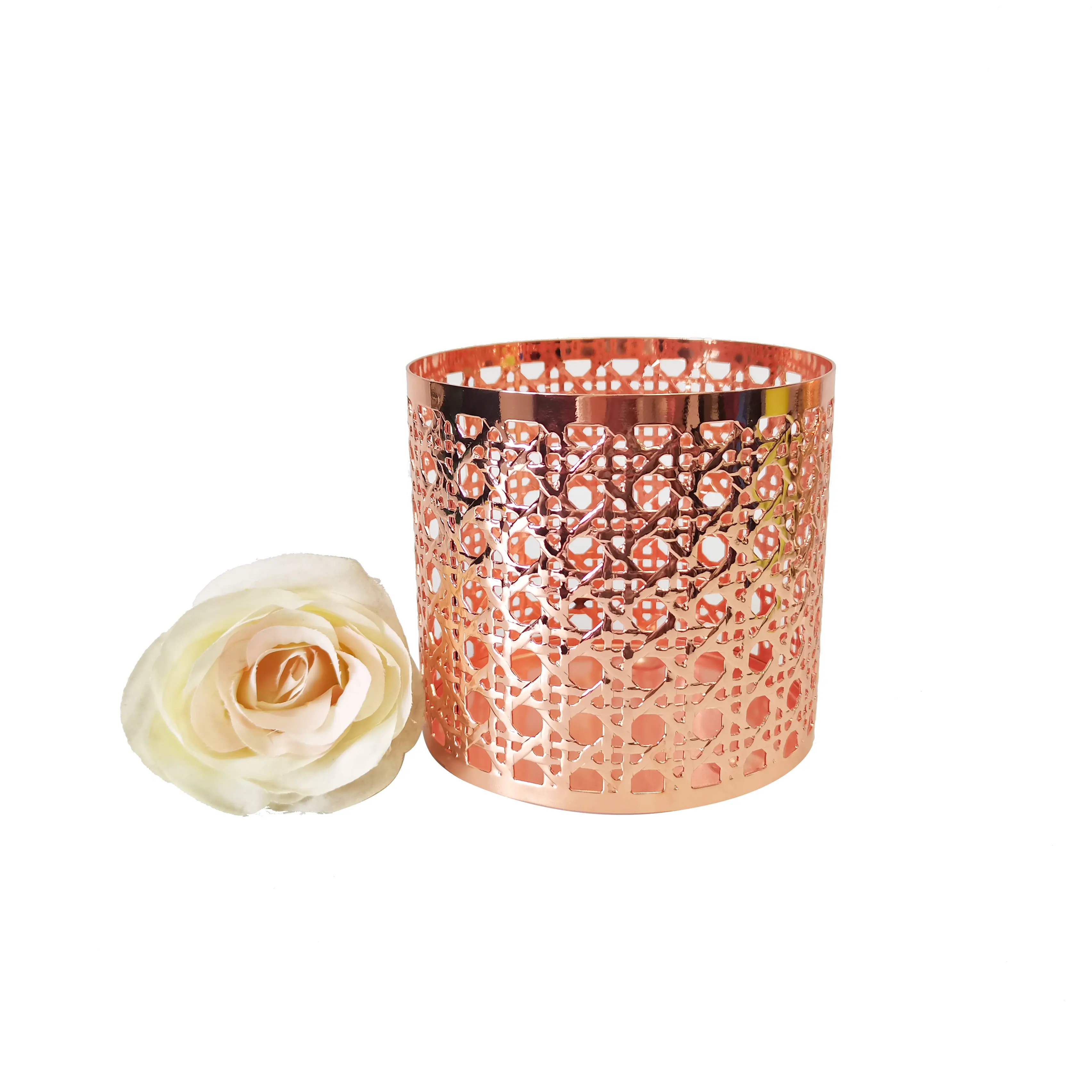 Gold Candlestick Cylinder Metal Cut Out Design Pen Holder Flower Vase Home Decoration Metal Candle Holders