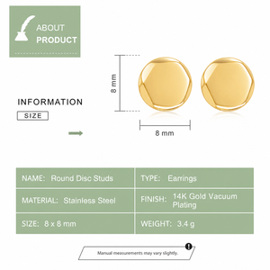 Round Disc Stud <b>Earrings</b> 14K <b>Gold</b> Vacuum Plated Stainless Steel 8mm Minimalist Polished Butterfly <b>Back</b> Jewelry - Product Image 2
