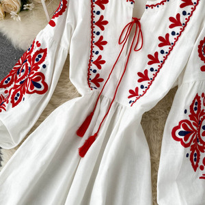 Women <strong>White</strong> <strong>Red</strong> <strong>Blue</strong> Tribal Floral Embroidered Long Sleeve Tie Waist Boho Maxi <strong>Dress</strong> Vintage Ethnic Style Flowy Bohemian <strong>Dress</strong> - Product Image 5