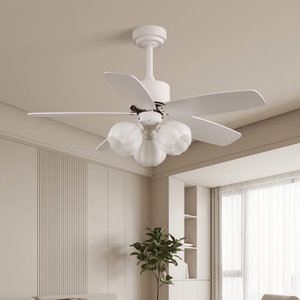 Morden Cream Style Ceiling Fan with Light 5 Blades 3 Lights Fan Lamp Low Noise Dimmable for Living Room Bedroom