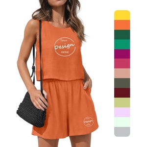 Top qualité femmes été respirant coton 2 pièces costume décontracté sans manches ample col rond recadrée débardeur Shorts ensemble - Product Image 1