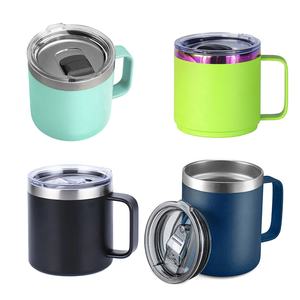 แก้วกาแฟแบบพกพาผนังสองชั้นพร้อมโลโก้สั่งทำพิเศษ ขนาด 12 ออนซ์ 14 ออนซ์ แก้วน้ำสแตนเลสมีหูจับ พร้อมฝาปิด - Product Image 1