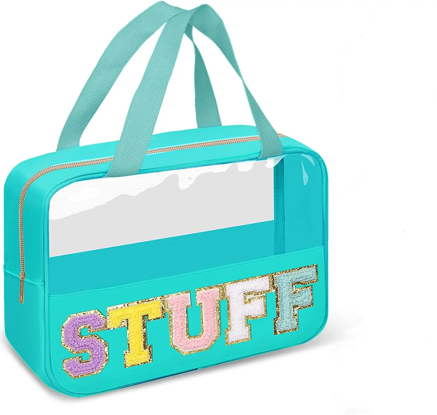 Chenille-bolsa de viaje con cremallera para cosméticos, bolsa de viaje de chenilla con letras transparentes, mango transparente, impermeable, de PVC para maquillaje