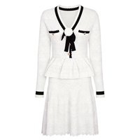 26262 Nouvelle Robe d'été pour femme de haute qualité, tricotée, col en V, à blocs de couleur, avec nœud ajouré décoratif, bord à volants, coupe ajustée, manches longues