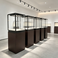 Vitrina de Exhibición de Cristal para Museo, con Marco Negro Mate y Pedestal, Kiosco con Matriz LED, Exhibidor de Joyería, Mueble Independiente para Relojes