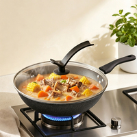 Wok Baja Karbon Lapisan Berlian Anti Lengket Batu Maifan, Wok Besi Halus Dasar Rata untuk Kompor Induksi dan Gas, untuk Memasak di Dapur
