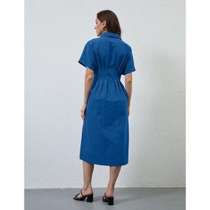 Vestido Largo Casual para Mujer, con Botones al Frente, Plisado, Manga Corta, Cuello, Color Azul Oscuro, Transpirable, para Uso Diario - Product Image 4