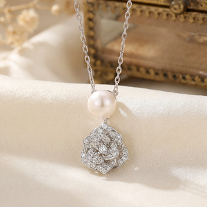 Freshwater Pearl Flower Pendant Necklace <b>Copper</b> Zircon Floral Bloom Necklace Dainty Elegant Necklace For Women Gift - Product Image 2