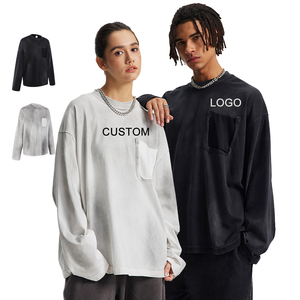 Camiseta Vintage de Manga Larga con Lavado Ácido, Logotipo Personalizado, Algodón Grueso, Camisetas para Hombre con Bolsillo, Estampado Gráfico en Blanco, Unisex - Product Image 1