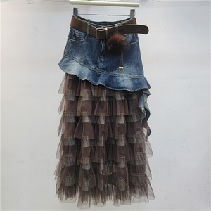 Z8835-Gonna Lunga Vintage in Denim con Volant e Patchwork Irregolare in Rete per Donne, Vita Alta, Linea A, a Strati - Product Image 2