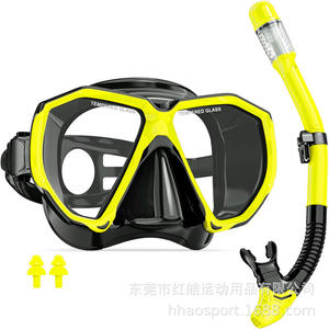 Set de Máscara de Snorkel con Snorkel de Sistema Seco, Cristal Templado, Silicona, Equipo de Buceo para Adultos, Amarillo y Negro - Product Image 1