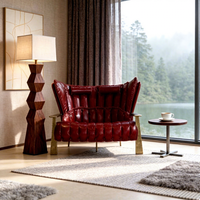 Fauteuil Vintage de Luxe en Cuir Véritable Rouge avec Pieds en Fer et Bois Massif pour Hôtel, Maison, Bureau, Salon, Villa – Canapé d'Angle Capitonnée