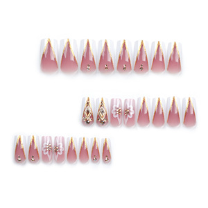 Design JP2934 Golden Glitter V en forme de français <span class=keywords><strong>blanc</strong></span> bordure fleur strass Nail Art 24pcs ABS Press on Nails - Product Image 2