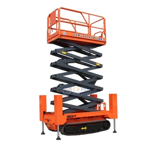 Plataforma elevadora de tijera eléctrica todoterreno con orugas blancas y estabilizadores de doble nivelación para <span class=keywords><strong>alquiler</strong></span> - Product Image 1