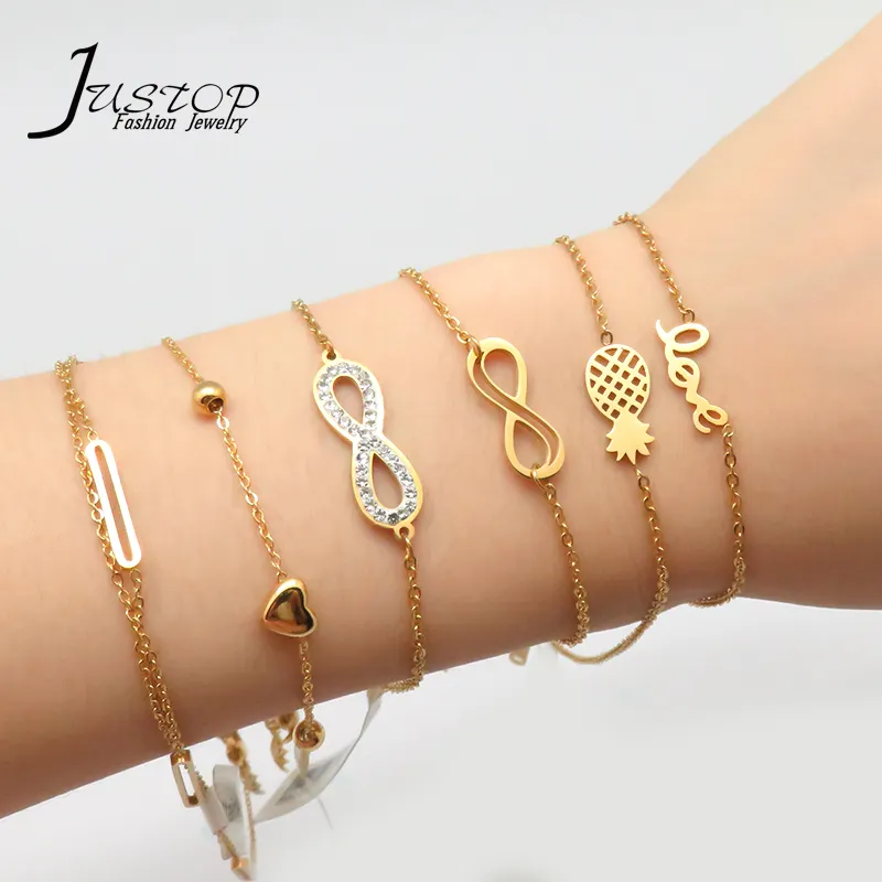Women Stainless Steel Jewelry Accessories Wholesale Heart Design Adjustable Charm 18K Gold Plated Bracelets Various Styles