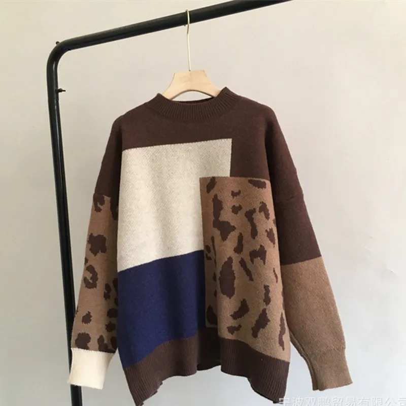 Pull et pulls pour femmes Pull col rond manches longues Vintage tricoté léopard pour femmes Pull d'automne Pulls Tricot Pull Femme