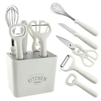 6-in-1 multifunctionele keuken gadget set met opbergbak, schaar, schilmesje, messen, eiermixer en flesopener voor thuisgebruik