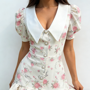 Robes pour femmes, imprimé floral blanc, col oversize, manches bouffantes, ourlet à volants, mini robes de soirée - Product Image 4