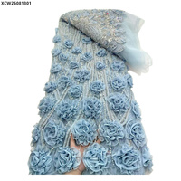 Tissu en dentelle de tulle bleu 3D avec fleurs de roses, perles et sequins, broderie florale de luxe, dentelle française perlée pour robe de mariée ou de soirée