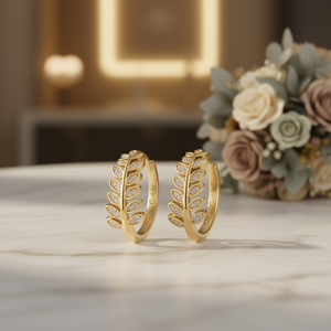 Orecchini a Cerchio E2376 Placcati in Oro 22k con Zirconi Marquise, Design Classico a Motivo Vegetale per Uso Quotidiano - Product Image 2