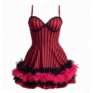 Vestido Corto de Corsé <span class=keywords><strong>Burlesque</strong></span> de Poliéster a Rayas Rojas y Negras con Adorno de Plumas Esponjosas, Disfraz de Showgirl de Cabaret, Estilo Vintage Pinup - Product Image 5