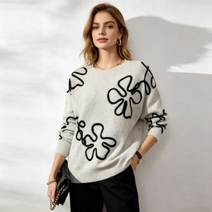 Damen Pullover mit abstraktem Linienkunst-Blumendruck, lässiger Rundhalsausschnitt, Oversize, langärmlig, OEM, individuell anpassbar, für den Alltag - Product Image 3