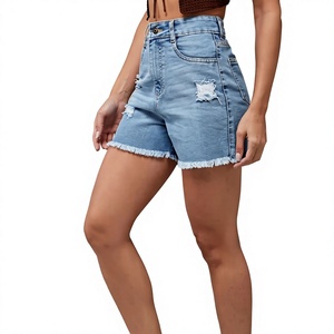 Shorts de mezclilla de algodón rasgados de cintura alta para mujer, con dobladillo deshilachado, lavado medio, estilo casual de verano, secado rápido - Product Image 3