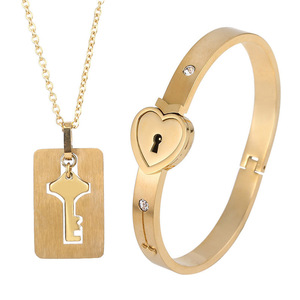 Herz-Liebesschloss-Armband und Schlüssel-Halskette-<span class=keywords><strong>Set</strong></span> aus Edelstahl in Silber/<span class=keywords><strong>Gold</strong></span> – Hochzeitsgeschenk für Paare, Kreuzmuster, Zirkonia Damen Schmuck - Product Image 6