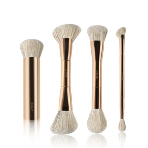 Set de Brochas de Maquillaje de 4 Piezas, Pelo Natural, Mango Metálico, Brochas para Base de Maquillaje, Estilo Abanico de Doble Punta, Herramientas de Belleza - Product Image 1