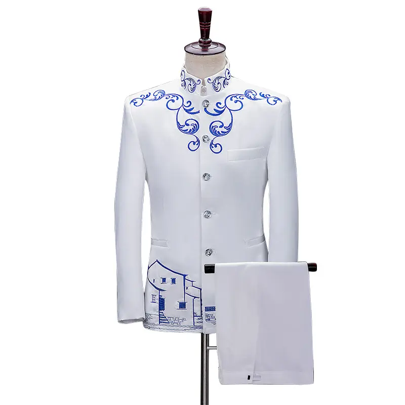 Chinese style Embroidered Tunic Suit Men's Host Performance Costume stand collar Wedding Groom Formal Costume plus size blazer
