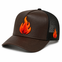 Casquette Trucker en Cuir PU avec Logo Personnalisé, 5 Panneaux, Broderie 3D en Relief Flamme, Style Street Hip Hop, Casquette Snapback