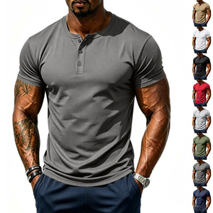 T-shirt Henley da uomo estiva casual, traspirante e ad asciugatura rapida, in tessuto traforato, a basso costo e ad alto volume per il commercio estero - Product Image 1